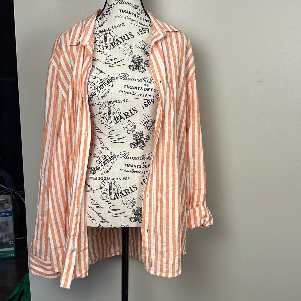 H&M Linen blend Orange White Striped Button Up Shirt Relaxed Summer Top L - Picture 5 of 8